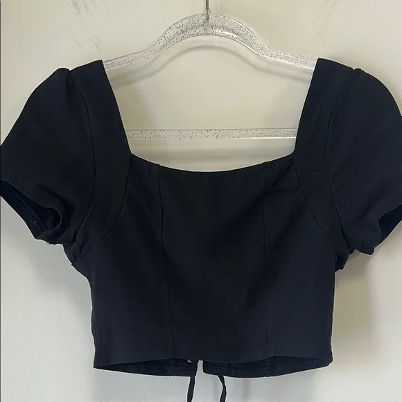 Haute Monde Sz Medium Black Puff Sleeve Lace-Up Crop Top - Picture 3 of 9